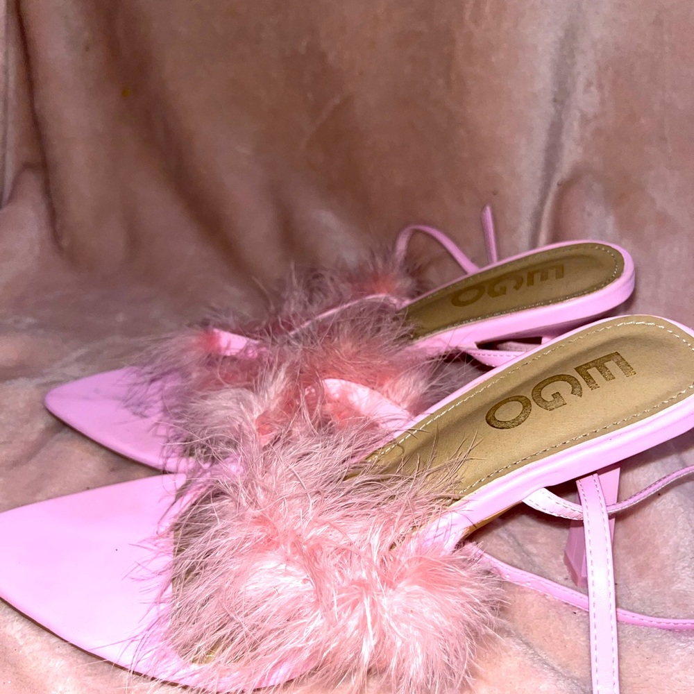 Pink fuzzy lace up heels